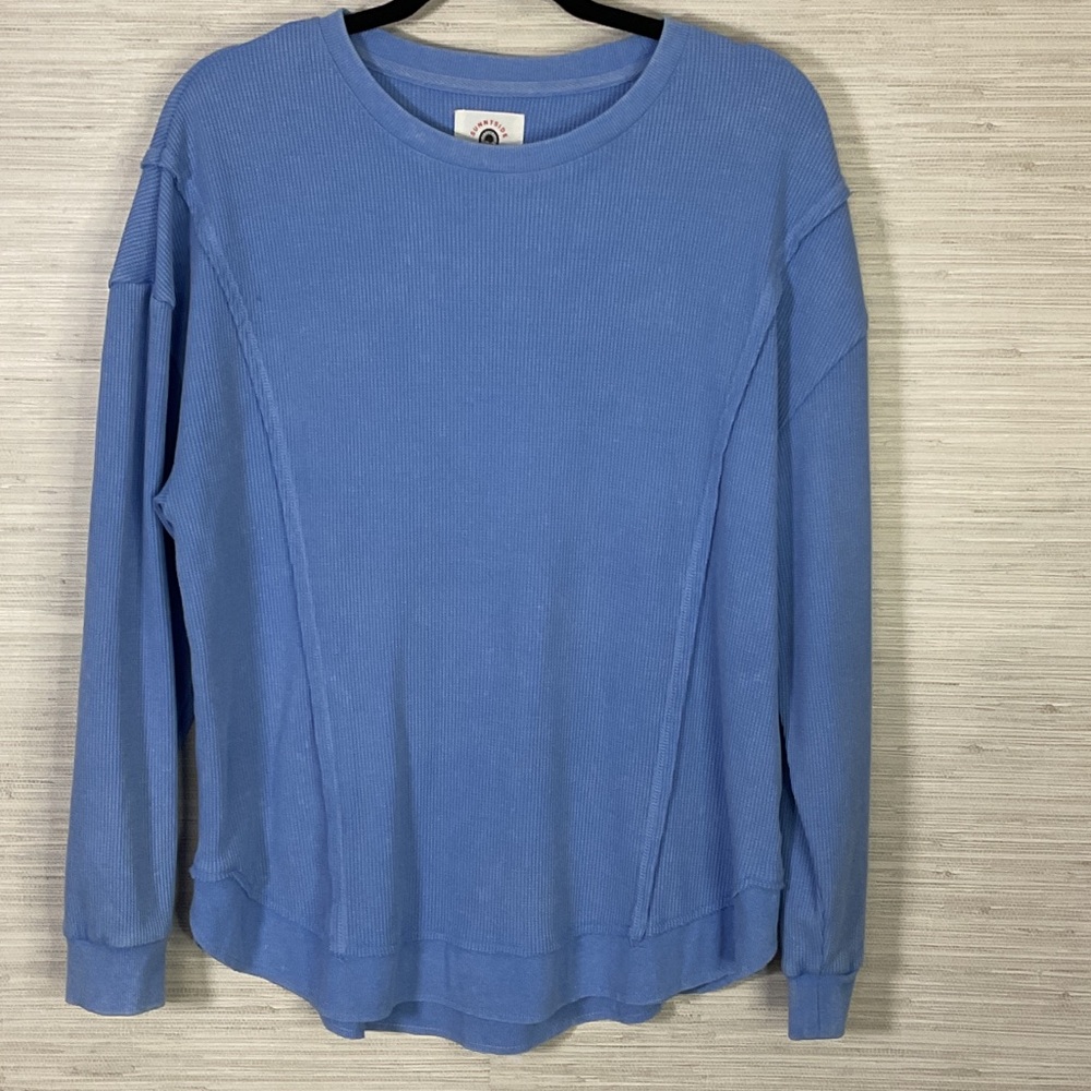 Sunnyside By Sundry Waffle Knit Mineral Wash Exposed Seam Long Sleeve Top Blue